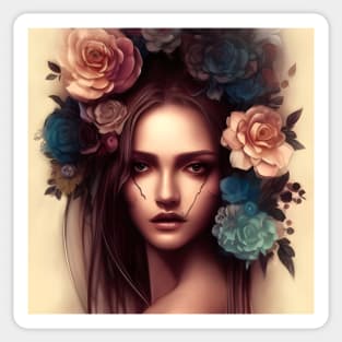 Beaux Animes Art, Beautiful Anime Girl with flowers in her hair and scars on her face Design Sticker